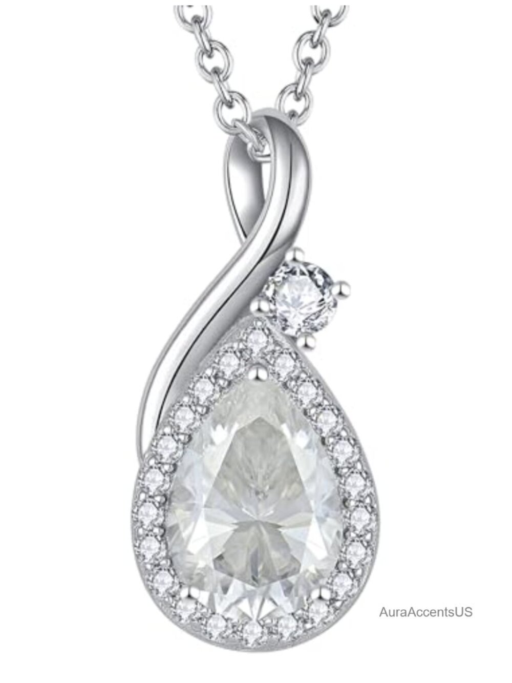 925 Sterling Silver Pear Cut Moissanite Pendant Necklace Infinity Halo